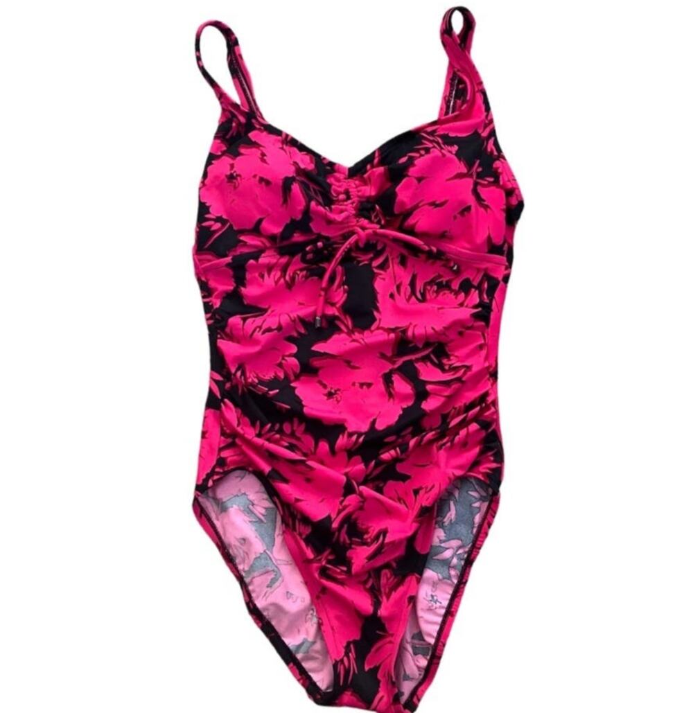 New Aqua Green Black Magenta Floral Print One Piece Swimsuit Small